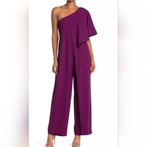 Marina Magenta Plum One Shoulder Jumpsuit with Cascade Ruffle Detail Size 16 NWT